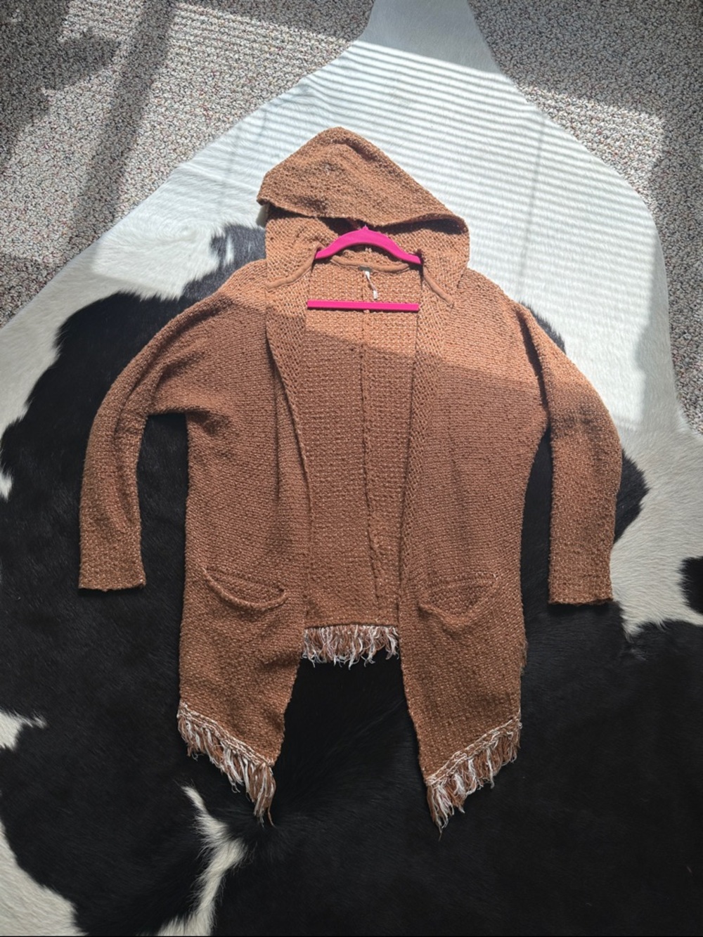 Free People Brown Hooded Fringe Open-Front Cardigan